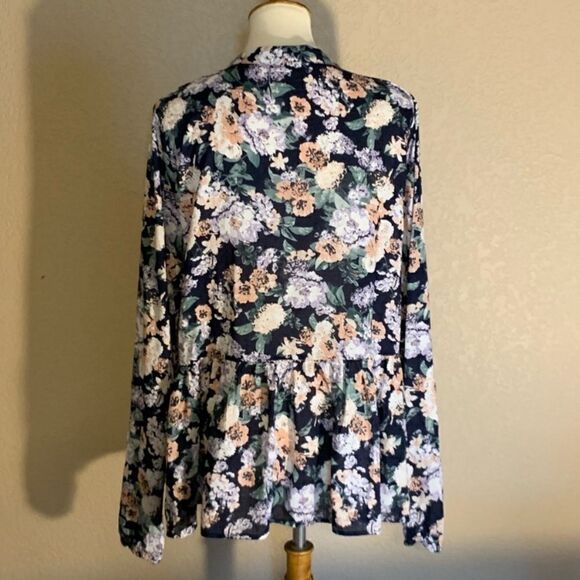 Navy Blue Floral Long Sleeve Top Key Hole Neck L - Picture 4 of 11